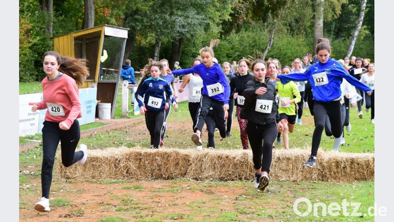 Beim Schüler-Crosslauf müssen einige Hindernisse überwunden werden. Unter anderem auch Strohballen. Bild: Petra Hartl