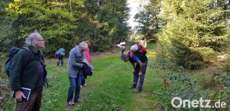 Waldenthusiast Michael Schneider und BLSV-Übungsleiter Thomas Zernak (rechts im Bild) leiten das "Waldbaden" im Naturpark Steinwald. Bild: exb