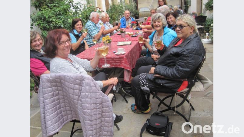 Die Radgruppe Riebel ist vier Tage rund um Neustadt an der Weinstraße unterwegs. Unter anderem macht die Gruppe in einem alten Weingut ein Päuschen. Bild: kb