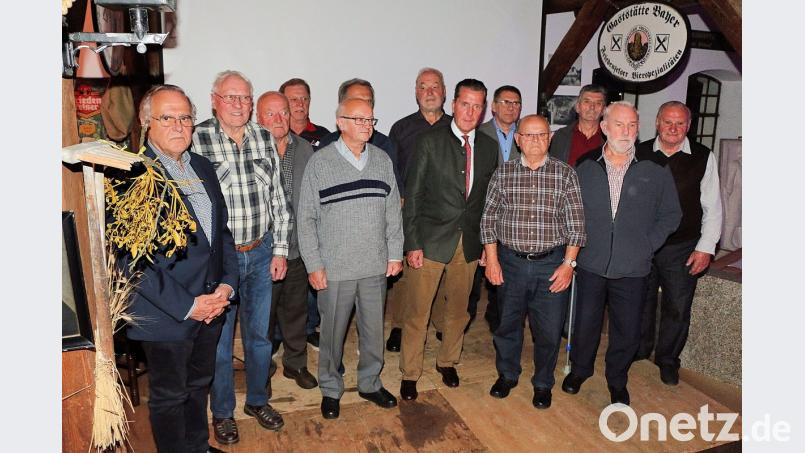 Eberhard Freiherr von Gemmingen-Hornberg (vorne, Dritter von rechts) sowie 2. Bürgermeister Oskar Schuster und Steinwaldia-Vorsitzender Norbert Reger (hinten, Dritter und Vierter von rechts) dankten den rüstigen Rentnern und Arbeitern der Burgruine Weißenstein (von links) Günther Zwick, Michael Schlicht, Ewald Enders, Erwin Bächer, Erwin Philipp, Josef Busch, Erich Heider, Alwin Pöllmann, Josef Schmid und Josef Schindler. Ihre jahrelange Arbeit habe erst diese Buchveröffentlichung möglich gemacht, meinte Steinwaldia-Vorsitzender Nobert Reger. Bild: bsc