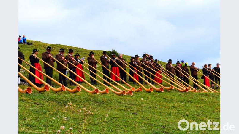 Die Großkonreuther Alphornbläser (Bild) nahmen an der Alphornbergmesse des Allgäu Schwäbischen Musikbundes (ASM) in Pforten teil. Die 20 Oberpfälzer stellten die größte Gruppe unter den insgesamt 100 Spielern. Bild: exb