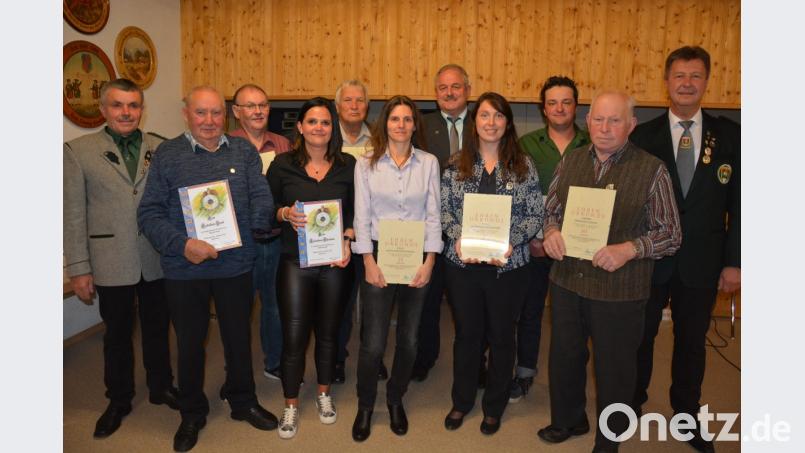 Für jahrzehntelange Treue zum Verein dankten die Lindenzweig-Schützen Großensees. Geehrt wurden (von links) Vorsitzender Helmut Kipferl, Josef Haberkorn, Reinhard Riedl, Christine Haberkorn, Michael Wührl, Anita Kistenpfennig, Bürgermeister Johann Burger, Sabrina Preisinger, Andreas Schedl, Hermann Hecht und Gauschützenmeister Manfred Zölch. Bild: jr