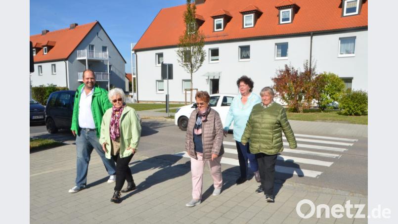 Trotz des Zebrastreifens in der Waidhauser Straße fühlen sich die Senioren nicht sicher, denn viele Autofahrer bleiben hier nicht stehen und fahren einfach weiter. Fahrlehrer Christian Stöcker (links) geht eigens mit Lotte Hofmann (Zweite von links) und einigen Senioren an diesen neuralgischen Punkt. Bild: dob