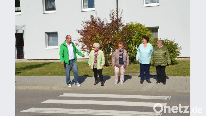 Trotz des Zebrastreifens in der Waidhauser Straße fühlen sich die Senioren nicht sicher, denn viele Autofahrer bleiben hier nicht stehen und fahren einfach weiter. Fahrlehrer Christian Stöcker (links) geht eigens mit Lotte Hofmann (Zweite von links) und einigen Senioren an diesen neuralgischen Punkt. Bild: dob