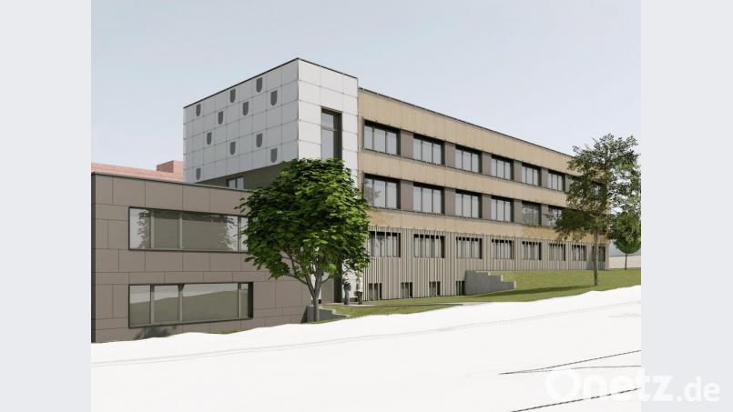 Der Anbau des Landratsamts wird eine vorgehängte Glasfassade bekommen. Auf der Stirnseite werden die Wappen der 33 Landkreis-Kommunen ins Glas eingeätzt. Bild: Architekturbüro Schönberger