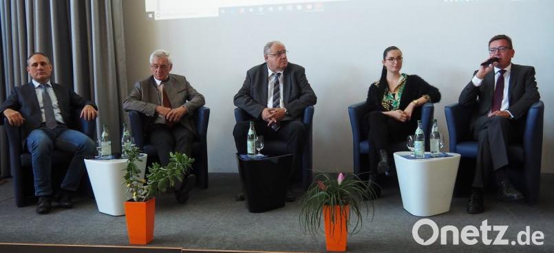 Den Fragen zu Europa stellen sich (von links) die Abgeordneten des Europäischen Parlaments Ismail Ertug und Albert Deß, Bürgermeister Lothar Höher, die ehemalige Berufschülerin Asriane Hirsch und Arbeitsagenturleiter Thomas Würdinger Bild: Bühner