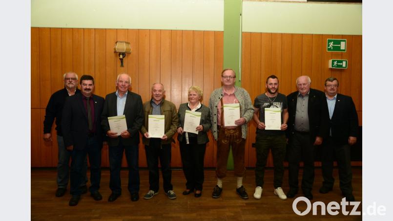 Sie ehren die Mitglieder: Dritter Bürgermeister Hans Meißner, Siedler-Vorsitzender Helmut Grünbauer (von links) und zweiter Vorsitzender Artur Leonhardt sowie Bezirksvorsitzender Christian Benoist (von rechts) danken Hermann Frischholz, Josef Kres, Erna Riegler, Günther Fellner und Artur Leonhardt jun. (von links). Bild: bey