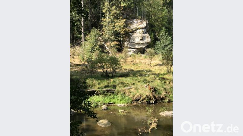 Nichts deutet bei den mächtigen Granitfelsen am Uferpfad der Waldnaab auf die Existenz der ehemaligen Burg Schwarzenschwall hin. Für interessierte Wanderer hat der OWV eine kleine hölzerne Infotafel unterhalb der Felsen aufgestellt. Bild: Rainer Christoph