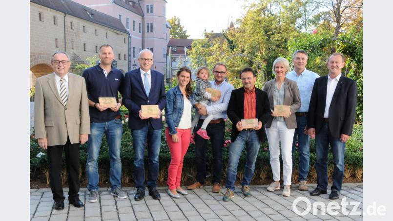 Im Landratsamt wird die Grüne Hausnummer an fünf Hauseigentümer verliehen. Von links: Stellvertretender Landrat Hans Kummert, Martin Meier (Hirschau), Bernhard Lindner (Hahnbach), Carina, Ida und Georg Rumpler (Poppenricht), Lorenz Hirsch (Ammerthal), Britta und Matthias Bierler (Kümmersbruck) und Richard Gaßner (ZEN-Förderverein). Bild: Christine Hollederer