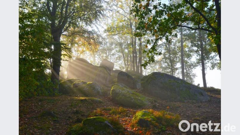 Die Sonnenstrahlen des Vormittags zerteilen die letzten Nebel rund um das Naturdenkmal Druidenstein. Bild: Günter Moser