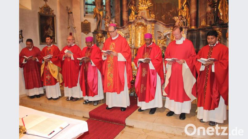 Beim Pontifikalamt mit dabei sind (von links) Diakon Josef Schlecht, Domkapitular Thomas Pinzer, Pater Benedikt Leitmayr, Bischof Lesanu-Christos Matheos, Weihbischof Dr. Josef Graf, Bischof Medhin Tesfaselassie, Monsignore Wolfgang Huber und Pater John Gali. Bild: kro