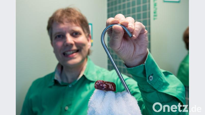 Claus Böbel, Metzgermeister und Betreiber des "Bratwursthotels", präsentiert in einem der sieben Zimmer seines Gasthofs einen Fleischerhaken als Handtuch-Halter mit einem Stück Seife in Bratwurst-Optik. Bild: Daniel Karmann/dpa