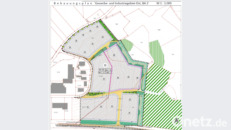 Die Karte zeigt die geplante Ausweitung des bestehenden Gewerbegebiets im Stadtosten in Richtung Braunetsrieth. Bild: dob