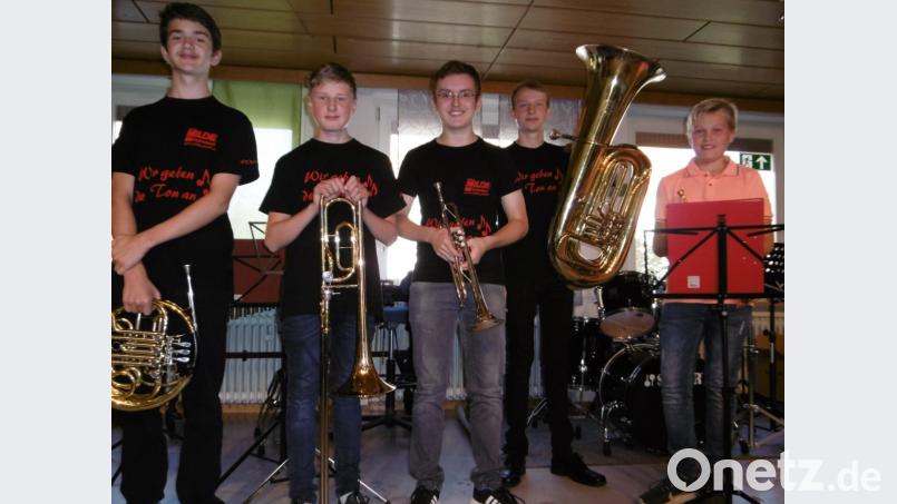 Die Blechboys haben ihren ersten Auftritt: Wolfgang Dotzler, Korbinian König, Thomas Freimuth, Florian Giehrl und Fabian Allwang (von links) bilden das neue Quintett. Bild: mma