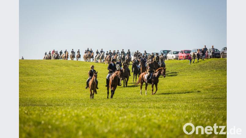 Zur Franz-Koller-Gedächtnisjagd stiegen fast 50 Reiter in den Sattel. Rund 20 Kilometer lang war die Strecke durch Wiesen und Felder. Der Aufbruch der Jagdgesellschaft wird stets von einem großen Zuschauertross begleitet. Bild: Michael Hellmuth