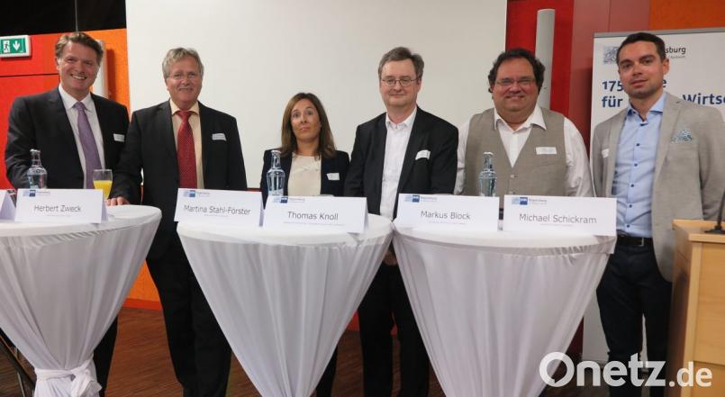 Dr. Jürgen Helmes, Herbert Zweck, Martina Stahl-Förster, Thomas Knoll, Michael Schickram und Markus Block (von links) diskutierten über die wirtschaftliche Zukunft im Landkreis. Bild: Hirsch
