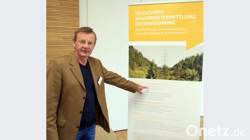 Forstsachverständiger Alois Schambeck erläutert die verschiedenen Möglichkeiten der Entschädigung für Waldbesitzer. Der unabhängige Gutachter ist mit der Waldwertermittlung für die Trasse des Ostbayernrings beauftragt. Bild: ch