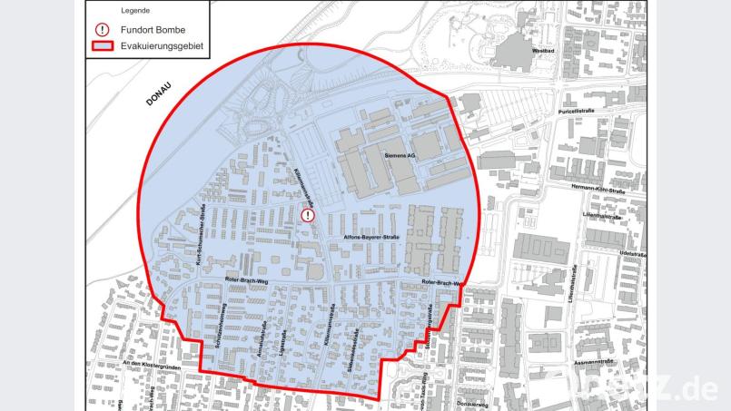 Der Plan für das Evakuierungsgebiet der Stadt Regensburg. Bild: Stadt Regensburg