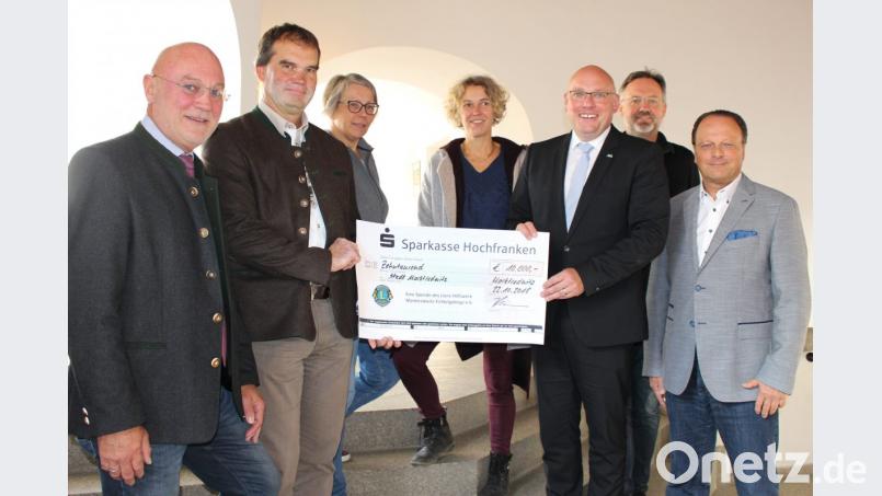Übergabe des symbolischen Schecks über 10.000 Euro. Im Bild von links Lions-Präsident Hans Blüml, Flavio Hermann, Anne Plötz vom Architekturbüro Schlinger, Künstlerin Annette Hähnlein, Oberbürgermeister Oliver Weigel, Peter Kuchenreuther und Erwin Jahreis. Bild: fphs