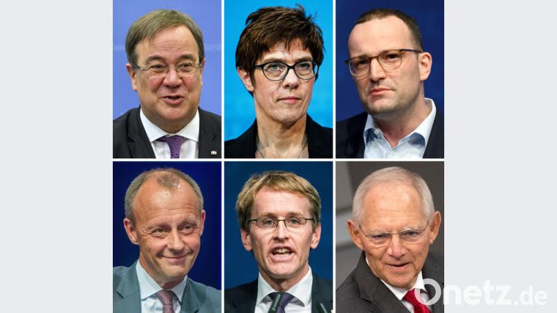 Bisher warfen Friedrich Merz (unten links), Jens Spahn (oben rechts) und Annegret Kramp-Karrenbauer (oben Mitte) ihren Hut in den Ring. Dass Spätzünder folgen, ist nicht ausgeschlossen: Armin Laschet (links oben), Daniel Günther (unten Mitte) und Wolfgang Schäuble (unten rechts). Bild: Henning Kaiser/dpa