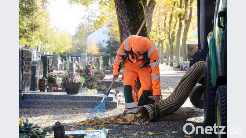 Wohin nur mit dem ganzen Laub? Einmal angegangen liegen schon wieder Blätter auf den Gräbern und Wegen des Stadtfriedhofs. Bild: Gabi Schönberger