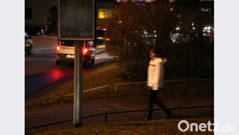 Dieselbe Stelle, dieselbe Fußgängerin – aber diesmal dank weißer Jacke auch in der Dunkelheit und vor dunklem Gebüsch gut erkennbar. Bild: Wolfgang Steinbacher