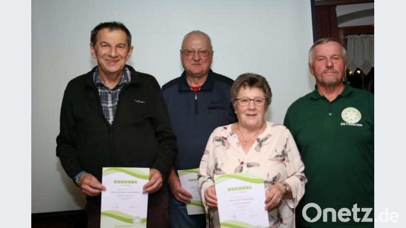 FGV-Vorsitzender Manfred Lang (rechts) dankt Irene und Norbert Hasenfürter (links und Dritte von links) sowie Kassenverwalter Karl-Heinz Störtzer (Zweiter von links) mit Urkunden für ihre Verdienste. Bild: roh
