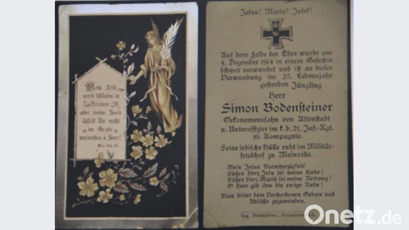 Der Jüngling Simon Bodensteiner war Ökonomenssohn von Altenstadt und als Unteroffizier im 21. Infanterieregiment der 10. Kompanie im Felde. Am 4. Dezember 1914 wurde der Soldat in einem Gefechte schwer verwundet und ist an dieser Verwundung im 23. Lebensjahr verstorben. Bild: dob