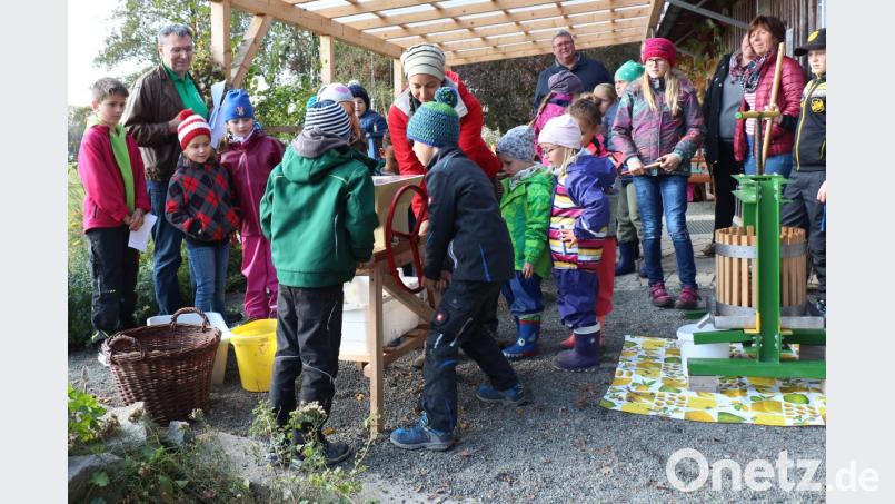 Die Kinder zeigen der Kommission vom Wettbewerb "Steuobst Vielfalt - Beiß rein!" wie die Äpfel nach dem Waschen im Muser zerkleinert und anschließend in der Presse zu leckerem Apfelsaft werden. Bild: rpp