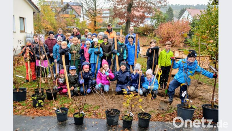 Die Pflanzaktion macht den Kindern der Ehenfelder Schule sichtlich Spaß. Mit dabei (hintere Reihe, von links): die Lehrerinnen Amelie Schaller und Andrea Schmid sowie Marion Schlosser, Detlef Methe und Albert Meyer von den Blumen- und Gartenfreunden. Bild: fdl