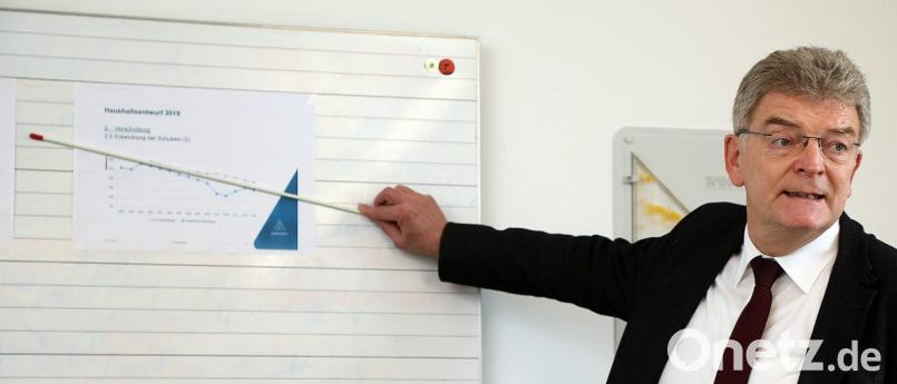 Noch ganz analog ist Stadtkämmerer Franz Mertel unterwegs, als er in der Wirtschaftsschule die Eckdaten seines Haushaltsentwurfs an der Tafel in einem Klassenzimmer vorstellt. Eingeplant ist auch Geld für die Digitalisierung an den Schulen. Bild: Wolfgang Steinbacher