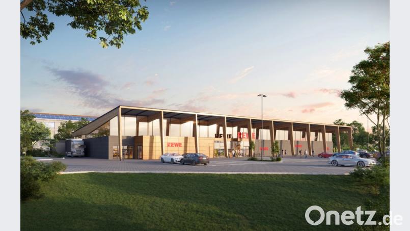 Rewe will sich in Nabburg mit einem großzügigen Markt an der Regensburger Straße neu aufstellen. In einem weiteren Baukörper rechts daneben sind Fachmärkte und Dienstleister angedacht. Bild: exb/Ratisbona