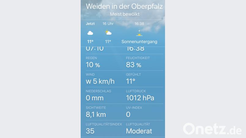 So ist das Wetter laut Apple-App am Mittwoch, 7. November. Die Luftqualität ist nur &quot;moderat&quot;. Bild: esa