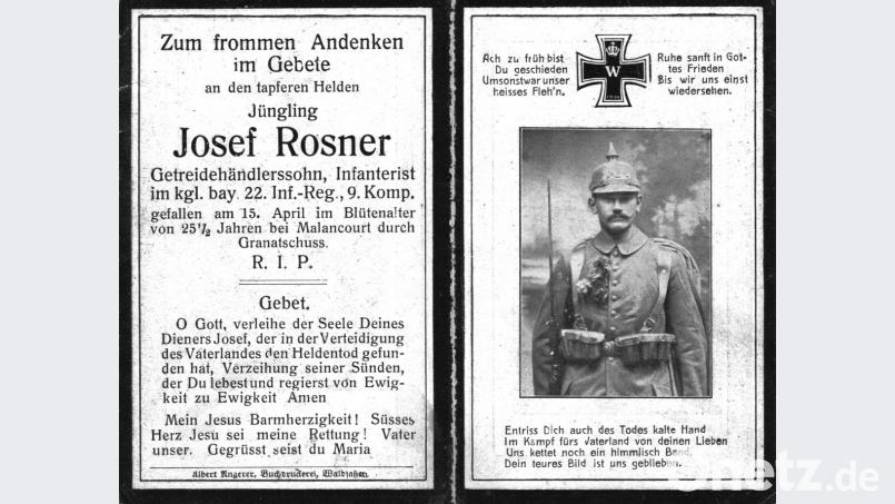 Sterbebildchen von Josef Rosner, Waldsassen, gefallen 1916. Bild: Archiv Treml