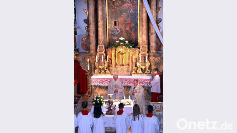 In Konzelebration feierten Pfarrer Herbert Rösl und Ruhestandspfarrer Max Stigler die Eucharistie zum Kirchenpatrozinium. Im Hintergrund die Szene der Mantelteilung am Hochaltar der Pfarrkirche St. Martin. Bild: boj