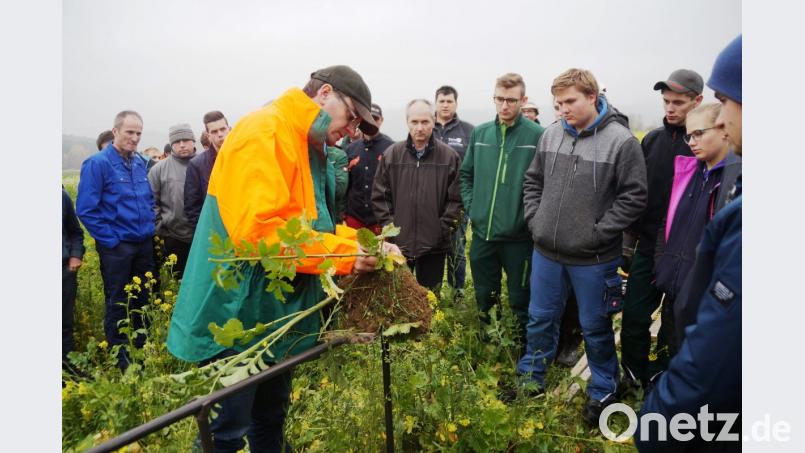 Roland Schleicher demonstrierte den Landwirten eine Bodenzustandsprüfung mittels Spatenanalyse. Bild: weu