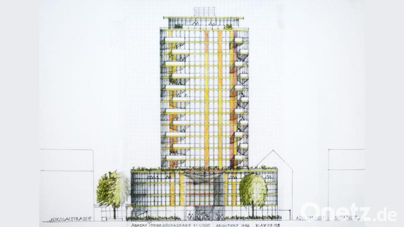 17 Stockwerke hoch sollte der Abatay-Tower die Stadt überragen. Architekt Heiner Schreml nimmt nun zu Aussagen des Oberbürgermeisters bei der Bürgerversammlung Stellung. Entwurf: Schreml Bild: Lukas Meister