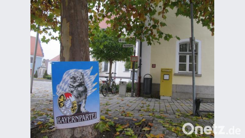 Direkt vor dem Rathaus wirbt noch immer die Bayernpartei um Stimmen. Bild: bl