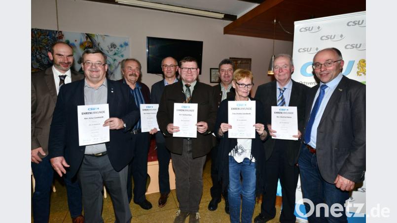 CSU-Ortsvorsitzender Roland Rauch (links) und stellvertretender Kreisvorsitzender Albert Nickl (rechts) zeichnen die langjährigen Mitglieder Artur Leonhardt, Georg Duschner jun., Herbert Pschierer, Gerhard Kres, Bernhard Meiler, Annika Leonhardt und Manfred Weiß (von links) aus. Bild: bey