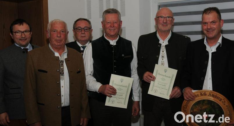 Stellvertretender Kreisgruppenvorsitzender Rupert Schmid (links) ehrte zusammen mit Vize-Landrat Hans Kummert (Dritter von links) Stefan Heidenblut, Johann Hierl, Georg Schlosser und Franz Erras (von rechts). Bild: Gerhard Franz