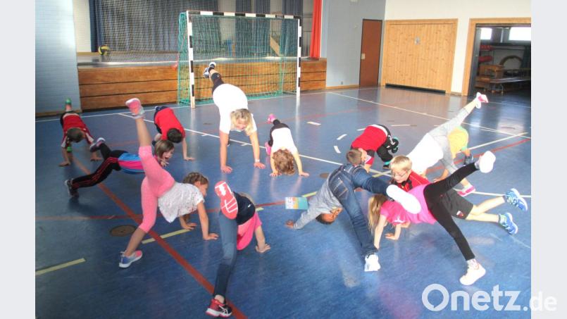 Voll bei der Sache und löwenstark sind die Mädchen und Buben des Waldthurner Kindergartens mit ihrer Übungsleiterin Martina Lorenz (Mitte hinten). Bild: fvo
