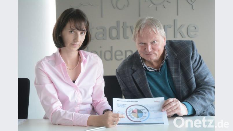 Nur ein Fünftel des Strompreises können die Stadtwerke beeinflussen. Vorstand Johann Riedl und Stellvertreterin Christine Melischko verdeutlichen das mit einem Torten-Diagramm. Bild: Gabi Schönberger