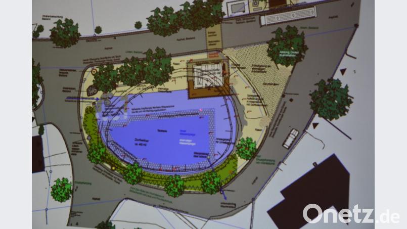 So soll der neue Dorfmittelpunkt in Pechofen nach der Fertigstellung aussehen. Im Mittelpunkt der Dorfteich und das zu erstellende Multifunktionsgebäude. Bild: jr