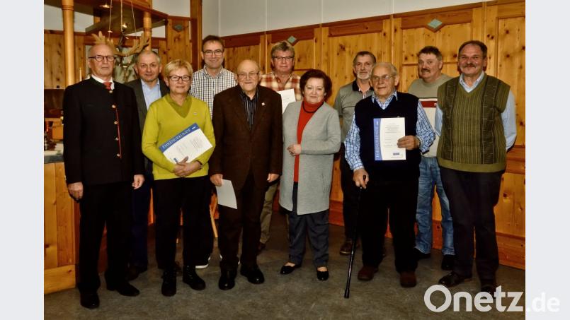 Zahlreiche Mitglieder des Vdk-Ortsverbandes Freudenberg werden für langjährige Mitgliedschaft ausgezeichnet. Der langjährige Vorsitzende Sigmund Lang (Fünfter von links) erhält von Vorsitzendem Peter Jakubowicz (links) und Kreisvorsitzender Marianne Kies-Baldasty (Siebste von links) für seine Verdienste die Ehrennadel in Gold. Bild: Hermann Koch