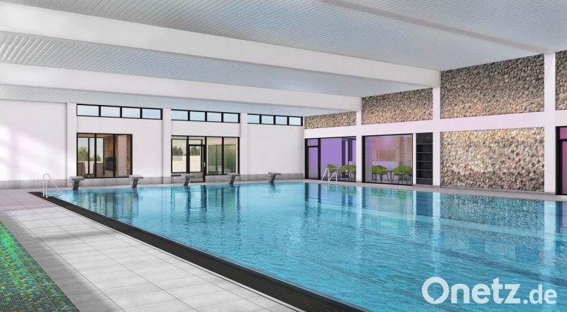 Freundlich und hell soll das Hallenbad gestaltet werden – Böden und Decken gleichermaßen. Die Kies-Wand sticht dafür danach besser heraus und bleibt erhalten. Neu gestaltet wird auch der Restaurant-Bereich. Bild: Bauconzept/exb