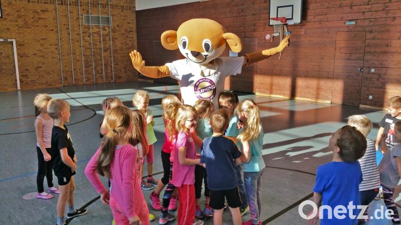 Die Vorsitzenden des TC Tirschenreuth sorgten zusammen mit Talentino-Tennis-Scout Uwe Dressel für eine ungewöhnliche Unterrichtsstunde in der Marien-Grundschule. Bild: hä