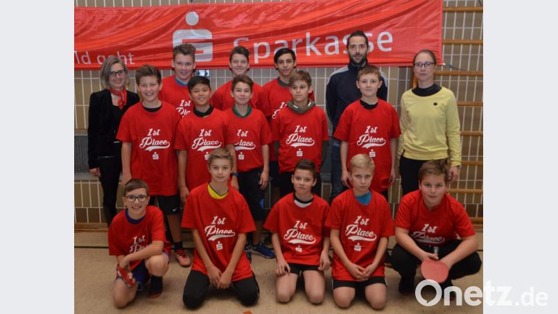 Die Tischtennisspieler der Lobkowitz-Realschule erhalten von der Sparkasse einheitliche Sieger--T-Shirts. Filialdierktorin Monika Höllerer (links) übergab die Geschenke. Kreisobfrau Nikola Wolfrath (rechts) übernahm die Organisation dieses Kreisturniers. Bild: dob