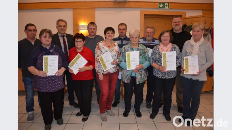 Beim NT-Trägertreffen für den Bereich Stiftland gibt es auch Ehrungen. Unser Bild zeigt (von links) Vertriebsberater Robert Giehrl, Silvia Wölfl, Bürgermeister Roland Grillmeier, Maria Zölch, Siegfried Rustler, Christine Reuss, Walter Böhm, Gunhilde Neudert, Josef Wein, Gerda Trissl, Vertriebsberater Björn Engelmann und Monika Kohl. Bild: jr