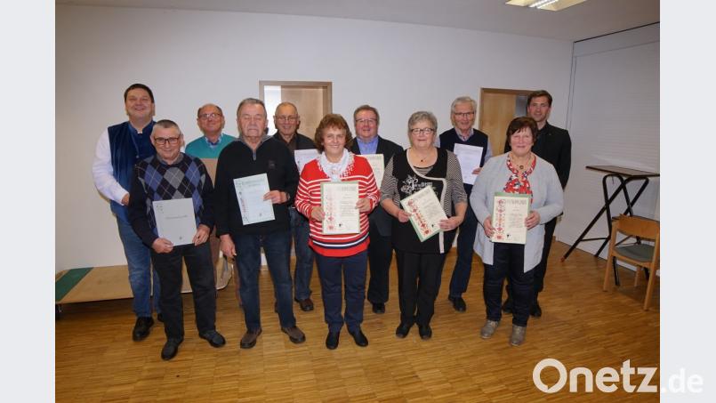 Bürgermeister Christian Ziegler gratulierte den langjährigen Mitgliedern Otto Schleicher, Franz Schleicher, Ludwig Bauer, Alois Heimler, Monika Plank, Simon Strähl, Marianne Breitschaft, Johann Heimler und Betty Langer (von links), rechts Pfarrer Michael Hoch. Bild: nib