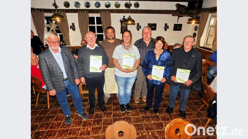 Vorsitzender Dieter Kottwitz überreicht die goldene Ehrennadel an Erwin Dromann sowie Uwe und Tanja Schäffler, silberne Ehrennadeln sind für Hermann und Viola Eisenhut sowie Alois Scherm (von links). Bild: hai